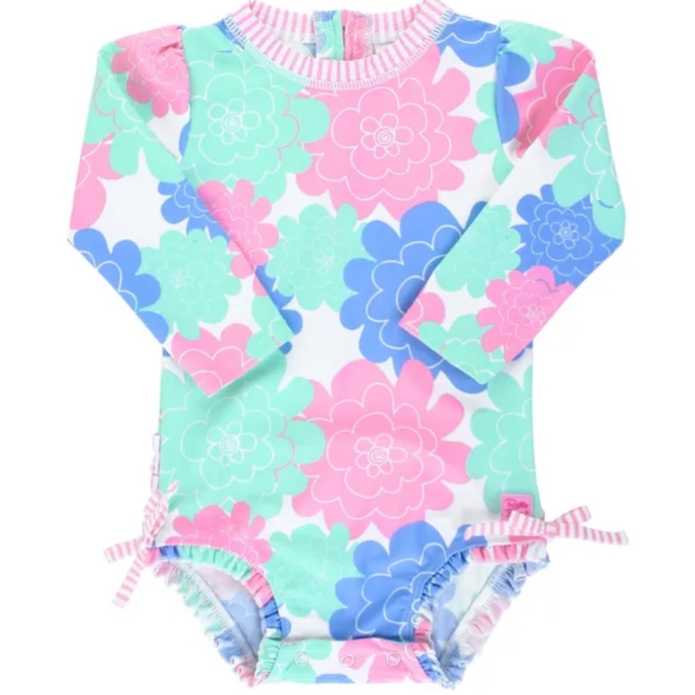 Ruffle Butts Long Sleeve One Piece Rash Guard Pastel Petals 3-6m